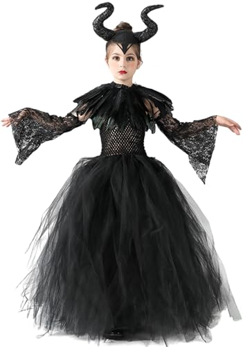 LCXYYY Mädchen Maleficent Kostüm, Long Mesh Tüll Dornröschen Hexe Ballerina Festkleid und Horn Federkragen Ärmel Set für Karneval Fête Halloween Verkleidung Fasching Partykleid, Schwarz, 2-10 Jahre von LCXYYY