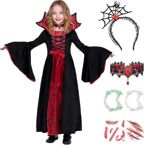 LCXYYY Mädchen Vampir Kostüm, Langarm Stehkragen Mittelalterlich Vintage Vampir Königin Dämon Hexe Kleid mit Stirnband Halskette Gebiss Aufkleber für Halloween Karneval Party Verkleidung, 5-14 Jahre LCXYYY Mädchen Vampir Kostüm, Langarm Stehkragen Mittelalterlich Vintage Vampir Königin Dämon Hexe Kleid mit Stirnband Halskette Gebiss Aufkleber für Halloween Karneval Party Verkleidung, 5-14 Jahre von LCXYYY