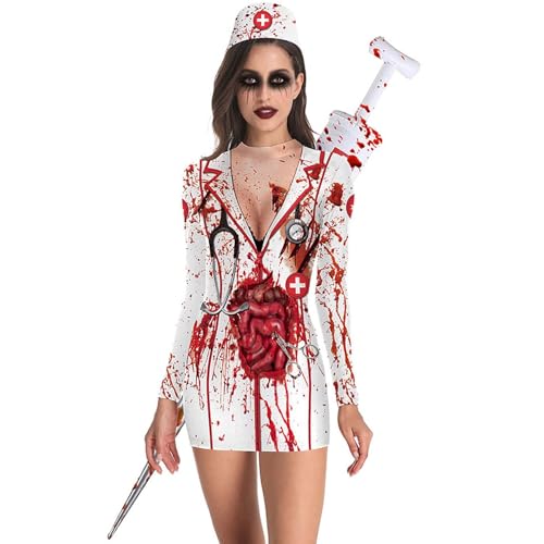 Halloween Kostüm Damen, Zombie Krankenschwester Kostüm Horror Kostüm Halloween Kostüm Krankenschwester Kostüm Gruselig Blutige Krankenschwester Kostüm Carnival Fancy Dress Party Mottoparty Cosplay von LCpddajlspig