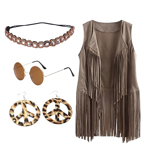 Hippie Kostüm Damen Set Fransen ärmellos Weste Hippie Kleidung Damen 60er 70er Jahre Bekleidung Damen Mädchen Disco Outfit Braun Fransenweste Damen Hippie Bolero Karneval Faschingskostüme von LCpddajlspig