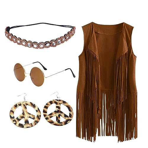 Hippie Kostüm Damen Set Fransen ärmellos Weste Hippie Kleidung Damen 60er 70er Jahre Bekleidung Damen Mädchen Disco Outfit Braun Fransenweste Damen Hippie Bolero Karneval Faschingskostüme von LCpddajlspig