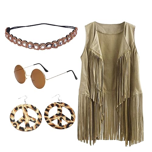 Hippie Kostüm Damen Set Fransen ärmellos Weste Hippie Kleidung Damen 60er 70er Jahre Bekleidung Damen Mädchen Disco Outfit Braun Fransenweste Damen Hippie Bolero Karneval Faschingskostüme von LCpddajlspig