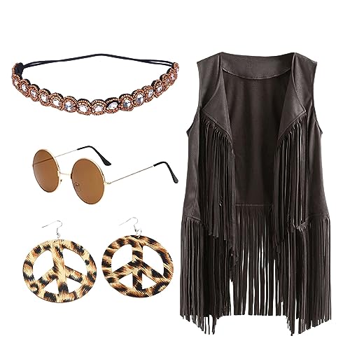 Hippie Kostüm Damen Set Fransen ärmellos Weste Hippie Kleidung Damen 60er 70er Jahre Bekleidung Damen Mädchen Disco Outfit Braun Fransenweste Damen Hippie Bolero Karneval Faschingskostüme von LCpddajlspig