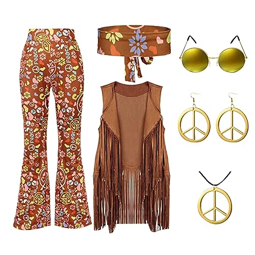 LCpddajlspig 60er 70er Jahre Hippie Kostüm Damen Set mit Fransenweste Schlaghose Hippie Accessoires, Kleidung Bekleidung Disco Outfit Faschingskostüm Mädchen (XL) von LCpddajlspig