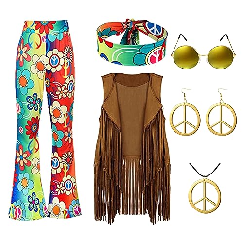 LCpddajlspig 60er 70er Jahre Hippie Kostüm Damen Set mit Fransenweste Schlaghose Hippie Accessoires, Kleidung Bekleidung Disco Outfit Faschingskostüm Mädchen (XL) von LCpddajlspig