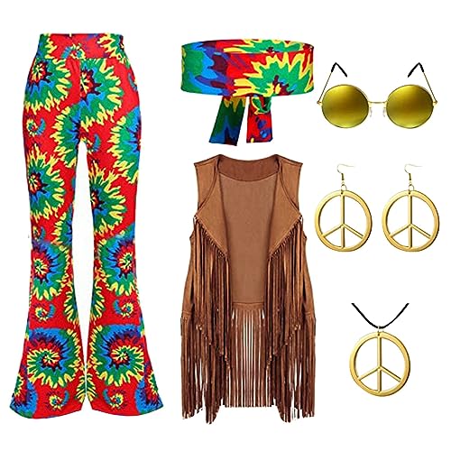 LCpddajlspig 60er 70er Jahre Hippie Kostüm Damen Set mit Fransenweste Schlaghose Hippie Accessoires, Kleidung Bekleidung Disco Outfit Faschingskostüm Mädchen (XL) von LCpddajlspig