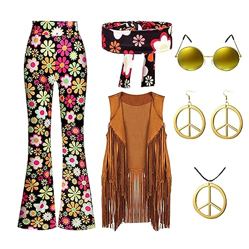 LCpddajlspig 60er 70er Jahre Hippie Kostüm Damen Set mit Fransenweste Schlaghose Hippie Accessoires, Kleidung Bekleidung Disco Outfit Faschingskostüm Mädchen (XL) von LCpddajlspig