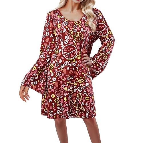 LCpddajlspig 70er-Hippie-Kleid-Kostüm für Damen, mit Halskette, Ohrringe, Sonnenbrille, Disco-Kostüm, 60er-Party-Kostüm, Halloween Retro-Kleider von LCpddajlspig