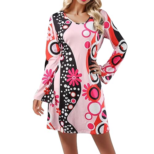 LCpddajlspig 70er-Hippie-Kleid-Kostüm für Damen, mit Halskette, Ohrringe, Sonnenbrille, Disco-Kostüm, 60er-Party-Kostüm, Halloween Retro-Kleider von LCpddajlspig