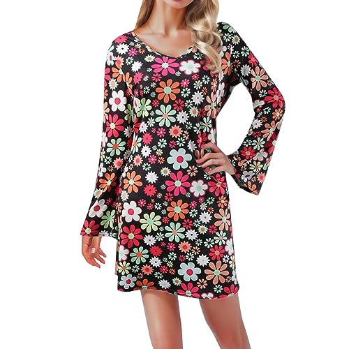 LCpddajlspig 70er-Hippie-Kleid-Kostüm für Damen, mit Halskette, Ohrringe, Sonnenbrille, Disco-Kostüm, 60er-Party-Kostüm, Halloween Retro-Kleider von LCpddajlspig