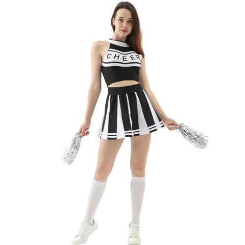 LCpddajlspig Blau weißes Star Cheerleader Kleid Kostüm – 80er Jahre Amerikanische Cheerleader Uniform mit langen Ärmeln für Karneval Fasching Damen von LCpddajlspig