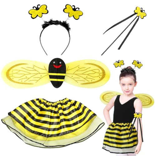 LDDYKZY Kinder Biene Dress Up StückBienen Kostüm für Kinder mit Flügeln, Tüllrock, Haarreif, Zauberstab, Bienenkostüm Set für Karneval Halloween Cosplay Rollenspiele Kostüm von LDDYKZY