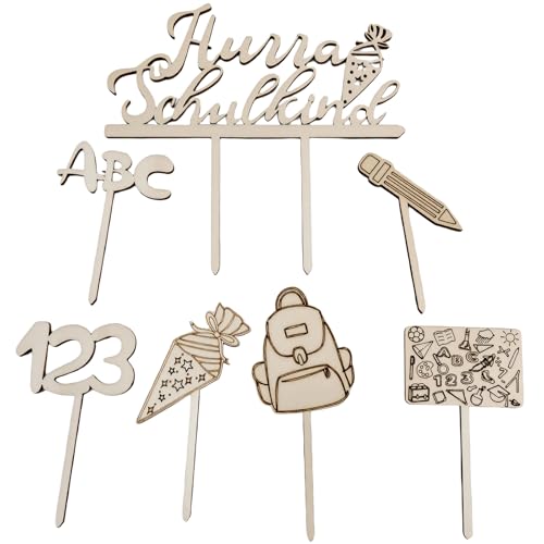 Tortendeko, 7 STK Holz Kuchendeko Schulanfang, Hurra Schulkind Tortendeko Einschulung, Cake Topper Einschulung, Schuleinführung Party Deko für Mädchen Junge von LDDYKZY