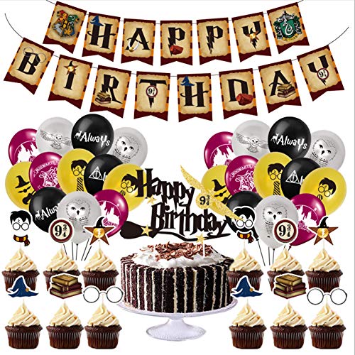 Zauberer Geburtstag Party Dekoration Set,50 Stück HP inspiriert Geburtstag Cupcake Topper Party-Set,Kinder Magische Verkleidung Geburtstag Deko Inklusive Balloon Banner von LDYQ