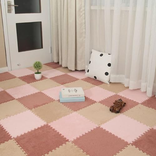 0,39 Zoll Dicke Schaumstoff-Bodenmatte, Ineinandergreifende Eva-Puzzle Fliesen, Waschbar und Leicht Zu Reinigen, Weicher Plüschteppich für Das Fitnessstudio Zu Hause(Light red+pink+Brown,50 pces) von LDZDGD