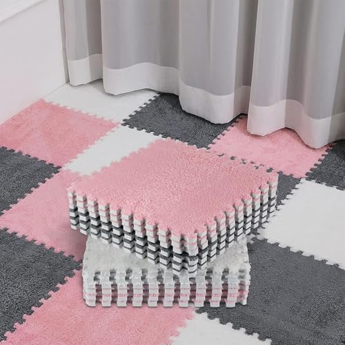 0,39 Zoll Dicke Schaumstoff-Bodenmatte, Ineinandergreifende Eva-Puzzle Fliesen, Waschbar und Leicht Zu Reinigen, Weicher Plüschteppich für Das Fitnessstudio Zu Hause(Pink+Gray+White,24 pces) von LDZDGD