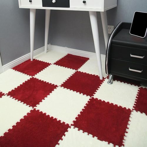 0,39 Zoll Dicke Schaumstoff-Bodenmatte, Ineinandergreifende Eva-Puzzle Fliesen, Waschbar und Leicht Zu Reinigen, Weicher Plüschteppich für Das Fitnessstudio Zu Hause(Red+White,24 pces) von LDZDGD