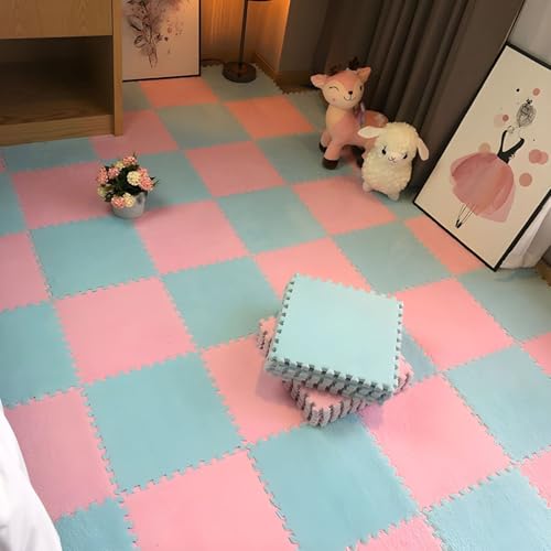 11,8 X 11,8 Zoll Schaumstoff-Puzzle-Bodenmatten, 0,39 Zoll Dicke Ineinandergreifende Plüschfliesen, Rutschfester, Waschbarer Flächenteppich(Blue+Pink,24 pces) von LDZDGD