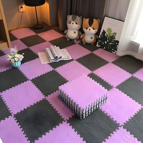 11,8 X 11,8 Zoll Schaumstoff-Puzzle-Bodenmatten, 0,39 Zoll Dicke Ineinandergreifende Plüschfliesen, Rutschfester, Waschbarer Flächenteppich(Gray+Purple,12 pces) von LDZDGD