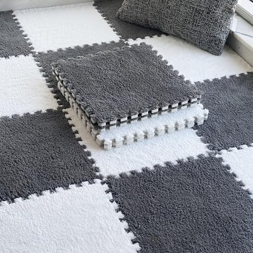 Bodenmatte aus Weichem Puzzle-Schaumstoff, 0,39 Zoll Dicke, Ineinandergreifende Teppichfliesen für Schlafzimmer, Wohnzimmer, Spielzimmer – rutschfest und Waschbar(Gray+White,100 pces) von LDZDGD