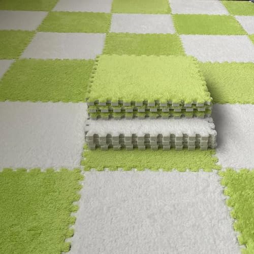 Bodenmatte aus Weichem Puzzle-Schaumstoff, 0,39 Zoll Dicke, Ineinandergreifende Teppichfliesen für Schlafzimmer, Wohnzimmer, Spielzimmer – rutschfest und Waschbar(Grass Green+White,100 pces) von LDZDGD