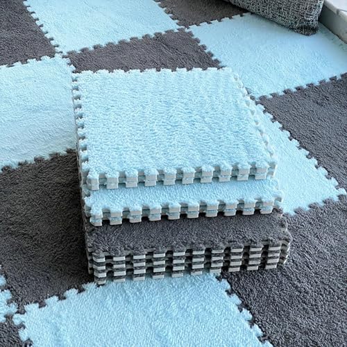 Bodenmatte aus Weichem Puzzle-Schaumstoff, 0,39 Zoll Dicke, Ineinandergreifende Teppichfliesen für Schlafzimmer, Wohnzimmer, Spielzimmer – rutschfest und Waschbar(Gray+Light Blue,24 pces) von LDZDGD