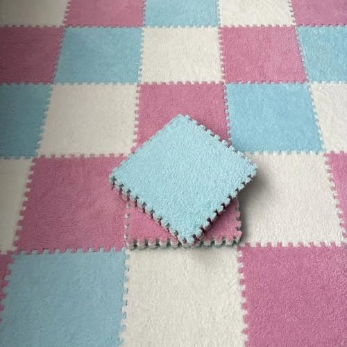 Bodenmatte aus Weichem Puzzle-Schaumstoff, 0,39 Zoll Dicke, Ineinandergreifende Teppichfliesen für Schlafzimmer, Wohnzimmer, Spielzimmer – rutschfest und Waschbar(Light Blue+pink+White,24 pces) von LDZDGD