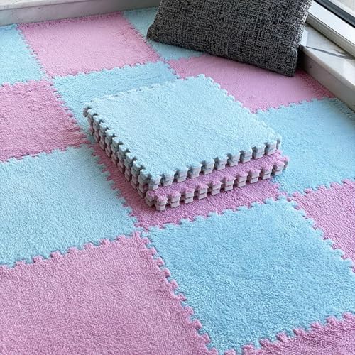 Bodenmatte aus Weichem Puzzle-Schaumstoff, 0,39 Zoll Dicke, Ineinandergreifende Teppichfliesen für Schlafzimmer, Wohnzimmer, Spielzimmer – rutschfest und Waschbar(Light Blue+pink,50 pces) von LDZDGD