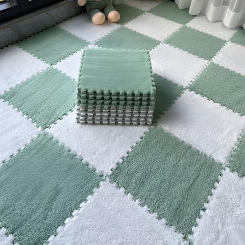 Bodenmatte aus Weichem Puzzle-Schaumstoff, 0,39 Zoll Dicke, Ineinandergreifende Teppichfliesen für Schlafzimmer, Wohnzimmer, Spielzimmer – rutschfest und Waschbar(Light Green+White,100 pces) von LDZDGD