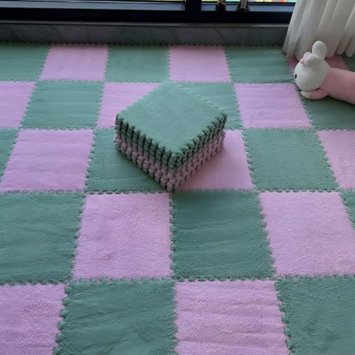 Bodenmatte aus Weichem Puzzle-Schaumstoff, 0,39 Zoll Dicke, Ineinandergreifende Teppichfliesen für Schlafzimmer, Wohnzimmer, Spielzimmer – rutschfest und Waschbar(Light Green+pink,12 pces) von LDZDGD