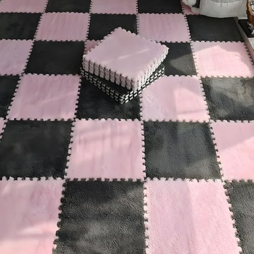 Bodenmatte aus Weichem Puzzle-Schaumstoff, 0,39 Zoll Dicke, Ineinandergreifende Teppichfliesen für Schlafzimmer, Wohnzimmer, Spielzimmer – rutschfest und Waschbar(Pink+Black,50 pces) von LDZDGD