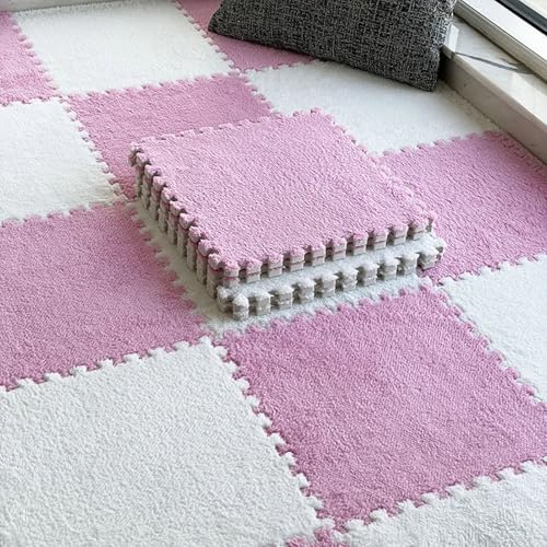 Bodenmatte aus Weichem Puzzle-Schaumstoff, 0,39 Zoll Dicke, Ineinandergreifende Teppichfliesen für Schlafzimmer, Wohnzimmer, Spielzimmer – rutschfest und Waschbar(Pink+White,50 pces) von LDZDGD