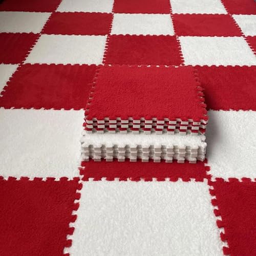 Bodenmatte aus Weichem Puzzle-Schaumstoff, 0,39 Zoll Dicke, Ineinandergreifende Teppichfliesen für Schlafzimmer, Wohnzimmer, Spielzimmer – rutschfest und Waschbar(Red+White,50 pces) von LDZDGD