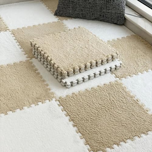 Bodenmatte aus Weichem Puzzle-Schaumstoff, 0,39 Zoll Dicke, Ineinandergreifende Teppichfliesen für Schlafzimmer, Wohnzimmer, Spielzimmer – rutschfest und Waschbar(White+Camel,50 pces) von LDZDGD