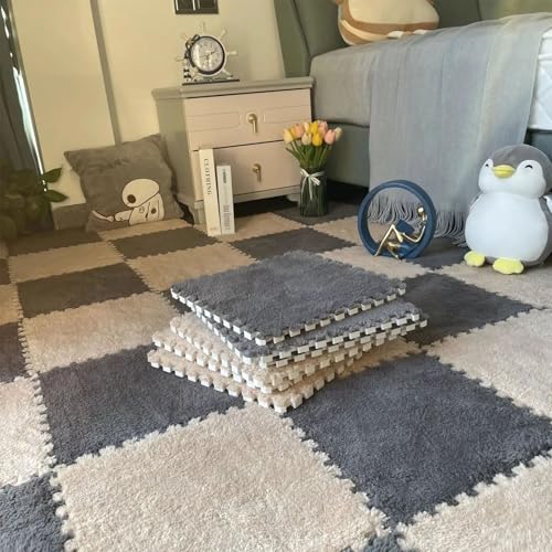 Bodenmatten Aus Puzzle Schaumstoff, Ineinandergreifende Eva-Fliesen, 0,39 Zoll Dick, Weicher, Rutschfester Teppich für Zuhause, Fitnessstudio, Spielzimmer, Yoga und Pilates(Beige+Gray,50 pces) von LDZDGD
