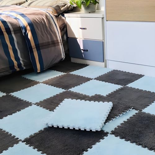 Ineinander Greifende Puzzle-Bodenfliesen Aus Schaumstoff, 0,39 Zoll Dick, rutschfeste Eva-Matte, Weicher Plüschteppich für Spielzimmer, Fitnessstudio und Home-Office(Black+Blue,50 pces) von LDZDGD