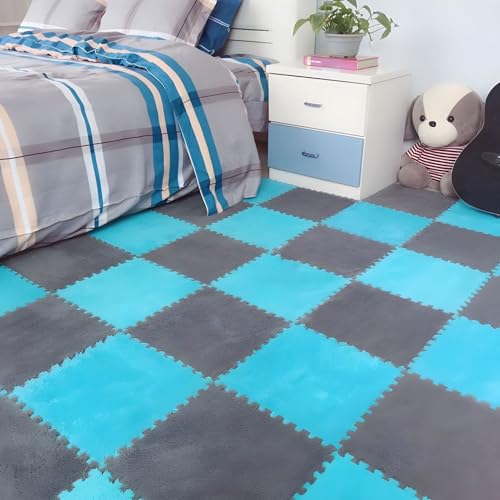 Ineinander Greifende Puzzle-Bodenfliesen Aus Schaumstoff, 0,39 Zoll Dick, rutschfeste Eva-Matte, Weicher Plüschteppich für Spielzimmer, Fitnessstudio und Home-Office(Blue+Gray,100 pces) von LDZDGD