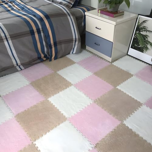 Ineinander Greifende Puzzle-Bodenfliesen Aus Schaumstoff, 0,39 Zoll Dick, rutschfeste Eva-Matte, Weicher Plüschteppich für Spielzimmer, Fitnessstudio und Home-Office(Brown+Pink+White,12 pces) von LDZDGD