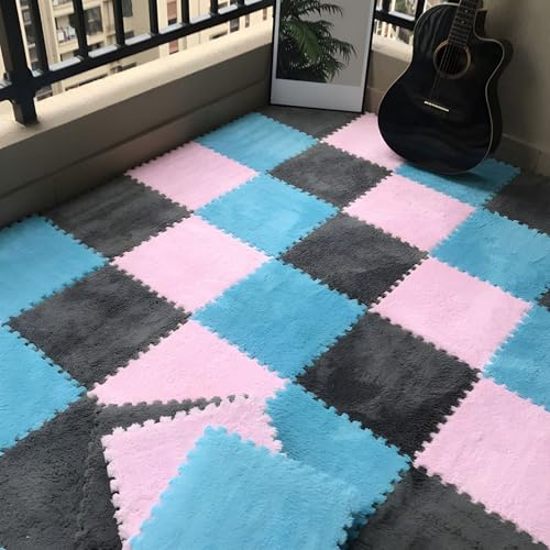 Ineinander Greifende Puzzle-Bodenfliesen Aus Schaumstoff, 0,39 Zoll Dick, rutschfeste Eva-Matte, Weicher Plüschteppich für Spielzimmer, Fitnessstudio und Home-Office(Gray+Blue+Pink,12 pces) von LDZDGD