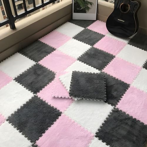 Ineinander Greifende Puzzle-Bodenfliesen Aus Schaumstoff, 0,39 Zoll Dick, rutschfeste Eva-Matte, Weicher Plüschteppich für Spielzimmer, Fitnessstudio und Home-Office(Gray+White+Pink,24 pces) von LDZDGD