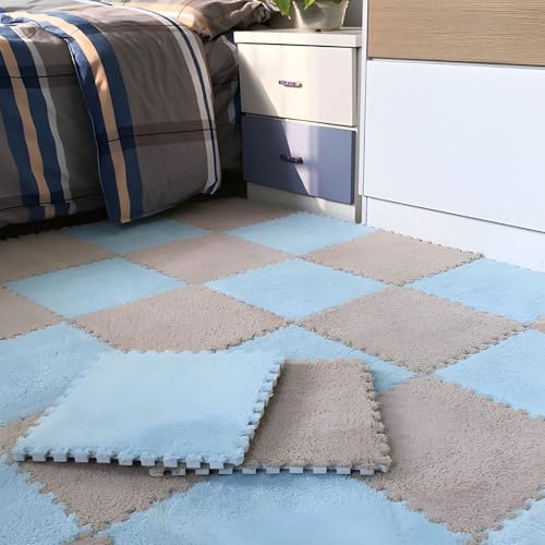 Ineinander Greifende Puzzle-Bodenfliesen Aus Schaumstoff, 0,39 Zoll Dick, rutschfeste Eva-Matte, Weicher Plüschteppich für Spielzimmer, Fitnessstudio und Home-Office(Light Blue+Gray,24 pces) von LDZDGD