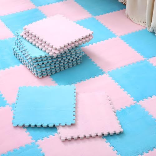Ineinander Greifende Puzzle-Bodenfliesen Aus Schaumstoff, 0,39 Zoll Dick, rutschfeste Eva-Matte, Weicher Plüschteppich für Spielzimmer, Fitnessstudio und Home-Office(Pink+Blue,100 pces) von LDZDGD