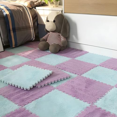 Ineinander Greifende Puzzle-Bodenfliesen Aus Schaumstoff, 0,39 Zoll Dick, rutschfeste Eva-Matte, Weicher Plüschteppich für Spielzimmer, Fitnessstudio und Home-Office(Purple+Blue,50 pces) von LDZDGD