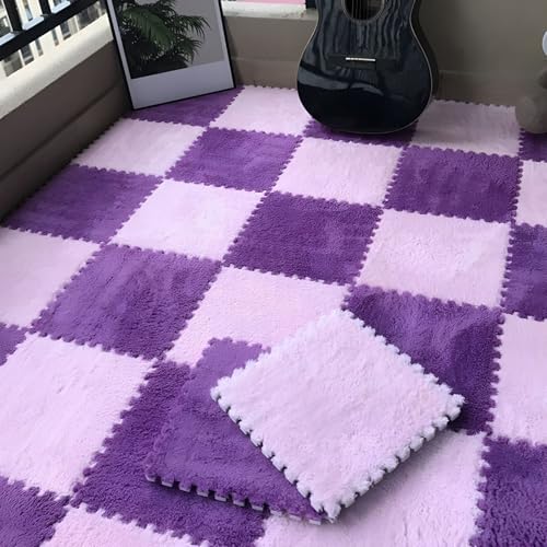Ineinander Greifende Puzzle-Bodenfliesen Aus Schaumstoff, 0,39 Zoll Dick, rutschfeste Eva-Matte, Weicher Plüschteppich für Spielzimmer, Fitnessstudio und Home-Office(Purple+Pink,100 pces) von LDZDGD
