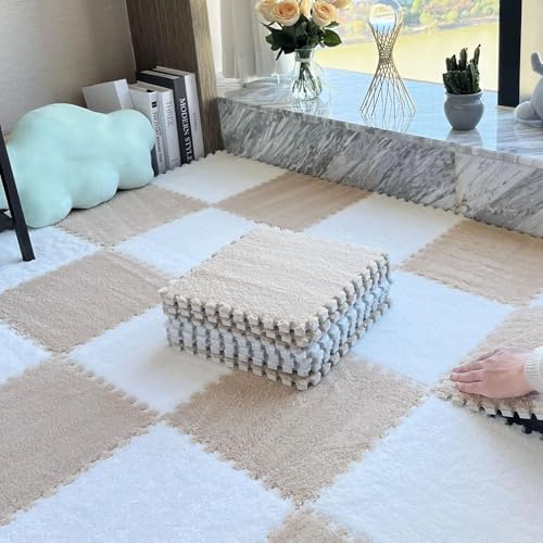 Ineinandergreifende Bodenmatten Aus Eva-Schaum, Weich und Flauschig, rutschfest, Leicht Zu Verlegender Flächenteppich für Spielzimmer, Fitnessstudio und Tanzstudio(Beige+White,12 pces) von LDZDGD