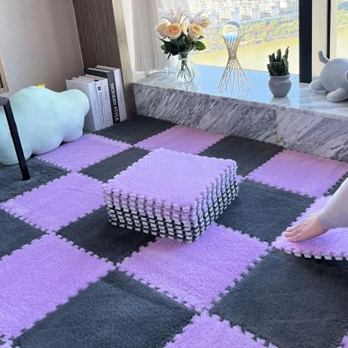 Ineinandergreifende Bodenmatten Aus Eva-Schaum, Weich und Flauschig, rutschfest, Leicht Zu Verlegender Flächenteppich für Spielzimmer, Fitnessstudio und Tanzstudio(Purple+Gray,24 pces) von LDZDGD