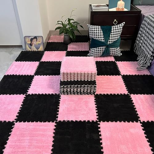 Ineinandergreifende Puzzle-Bodenmatte Aus Plüsch Schaum, 0,39 Zoll Dicke Teppichfliesen, Weiche, rutschfeste Spielmatte für Wohnzimmer und Schlafzimmer(Pink+Black,24 pces) von LDZDGD