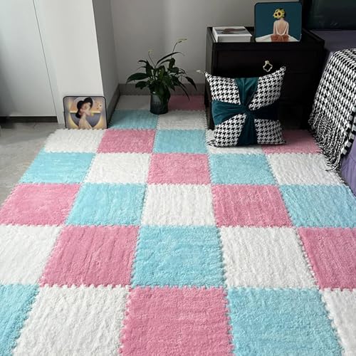 Ineinandergreifende Puzzle-Bodenmatte Aus Plüsch Schaum, 0,39 Zoll Dicke Teppichfliesen, Weiche, rutschfeste Spielmatte für Wohnzimmer und Schlafzimmer(Pink+Light Blue+White,12 pces) von LDZDGD