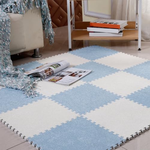 Plüsch Schaum-Bodenmatte für Kinder, 0,39 Zoll Dicke Puzzle-Spielmatte, Weicher, Rutschfester Ineinandergreifender Eva-Teppich für Spielzimmer, Wohnzimmer und Schlafzimmer(Blue+White,50 pces) von LDZDGD