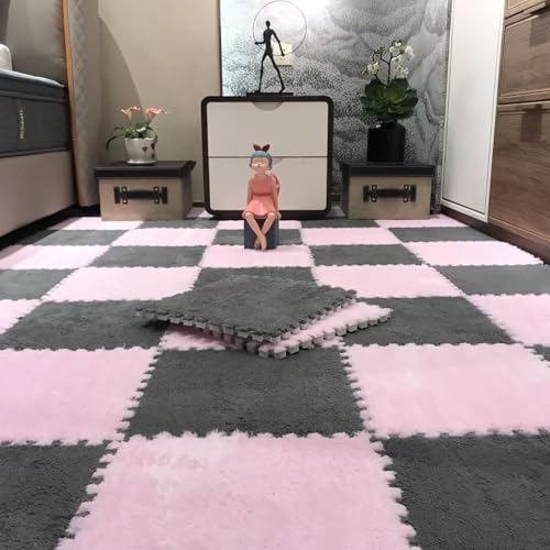 Plüsch Schaum-Bodenmatte für Kinder, 0,39 Zoll Dicke Puzzle-Spielmatte, Weicher, Rutschfester Ineinandergreifender Eva-Teppich für Spielzimmer, Wohnzimmer und Schlafzimmer(Pink+Gray,100 pces) von LDZDGD